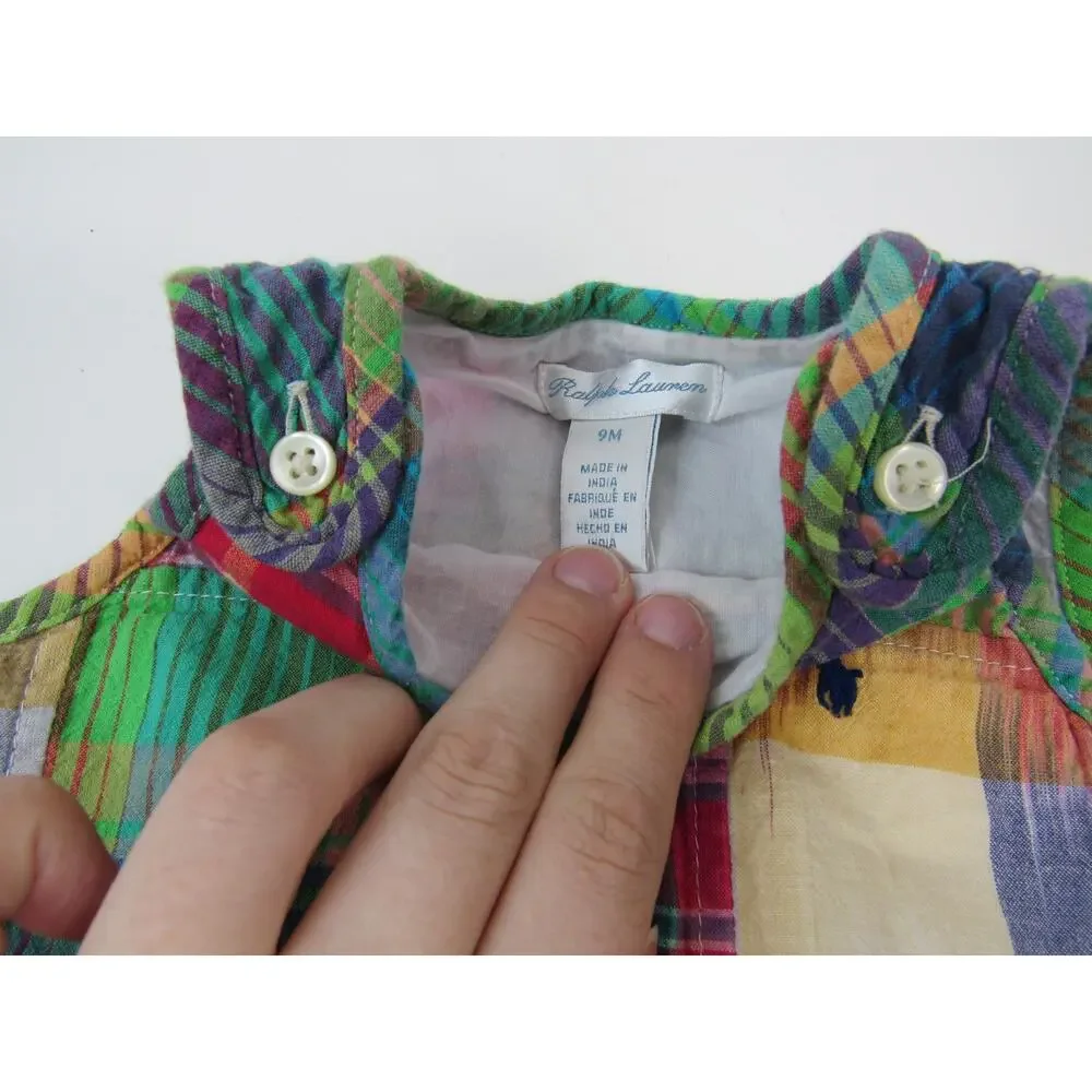 Ralph Lauren 9M Baby Boy Cotton Madras Overall Patchwork Unisex Bibs Rainbow